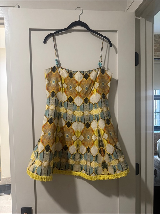 Alexis Dresses & Skirts - Alexis Yellow Multi-Pattern Beaded Strap Dress with Fringe